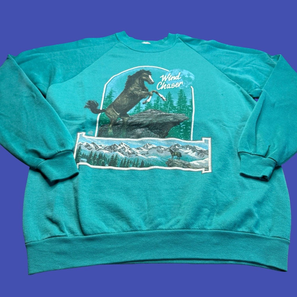Vintage Jerzees Horse Sweatshirt XL Wind Chaser Teal USA Made Crewneck Graphic
